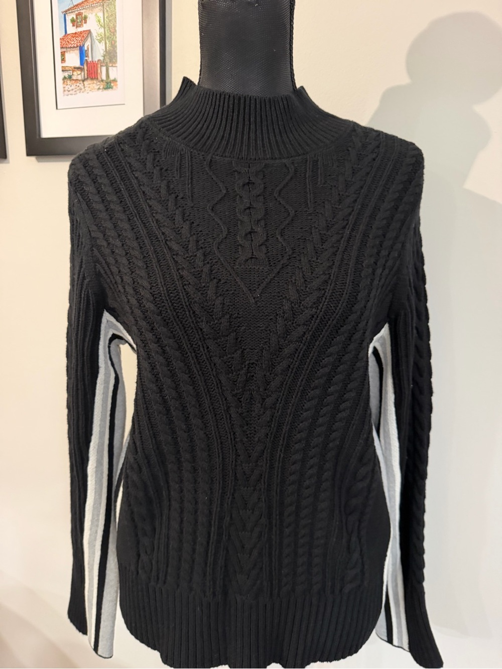 NWT Halogen Women’s Black Cable Knit Turtleneck Sweater with White Side Stripes